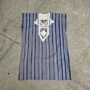 Vtg Ghana Ghanaian Batakari Fugu Embroidered Applique Stripe African Smock Tunic